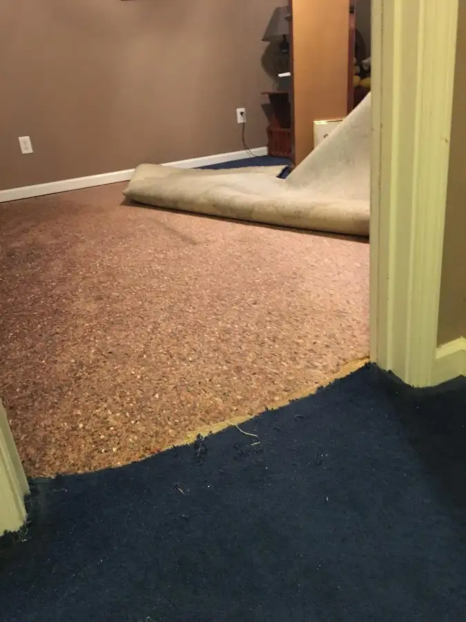 Carpet pad removal revealing water damage during Water Mitigation Services in Tanque Verde